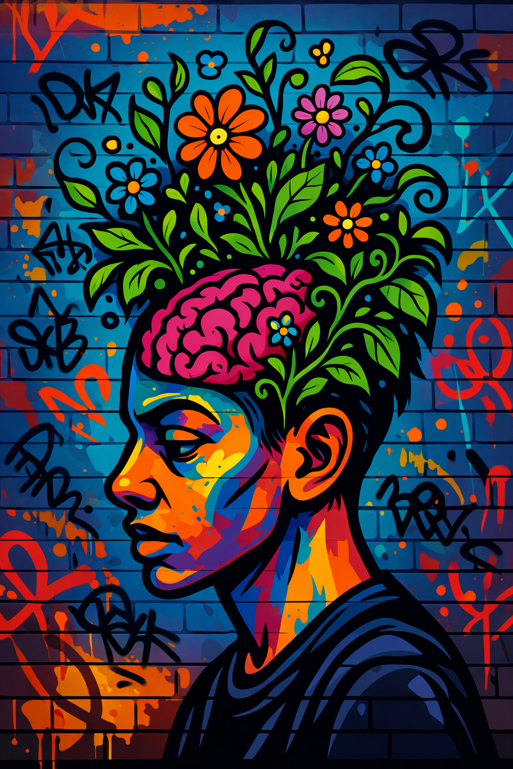A colorful street-art mural shows a person in profile with a pink brain blooming into flowers and greenery, symbolizing creativity, growth, and resilience against a graffiti-covered brick wall.