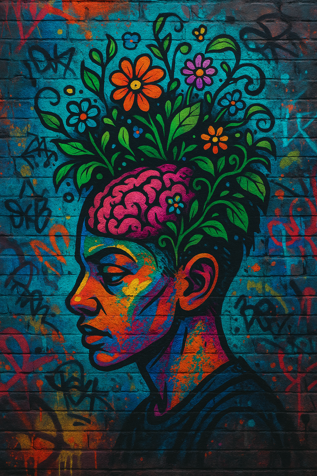 improvibes graffiti person with flowers plant-life growing from the the brain.