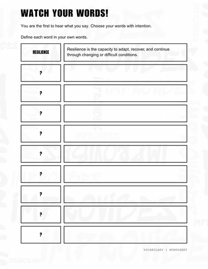 Watch Your Words Vocabulary 1 printable worksheet preview with hidden vocabulary words marked by question marks.