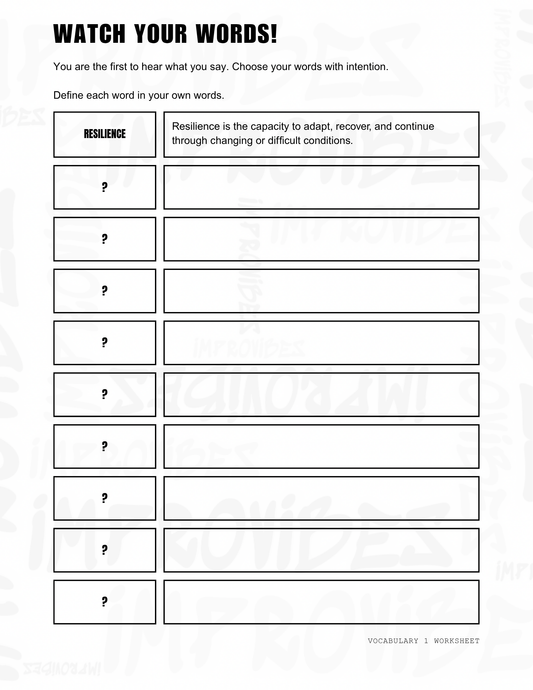 Watch Your Words Vocabulary 1 printable worksheet preview with hidden vocabulary words marked by question marks.