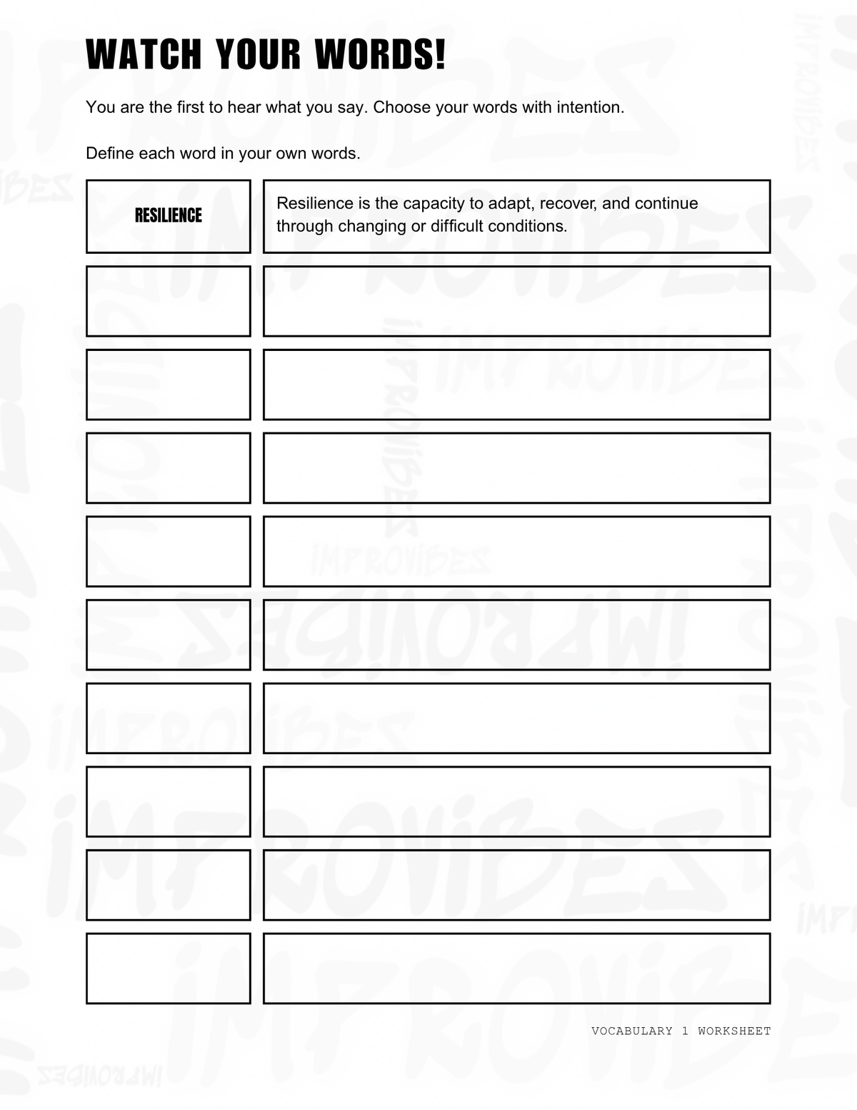 Watch Your Words Vocabulary 1 printable worksheet for defining 10 words in your own words. 